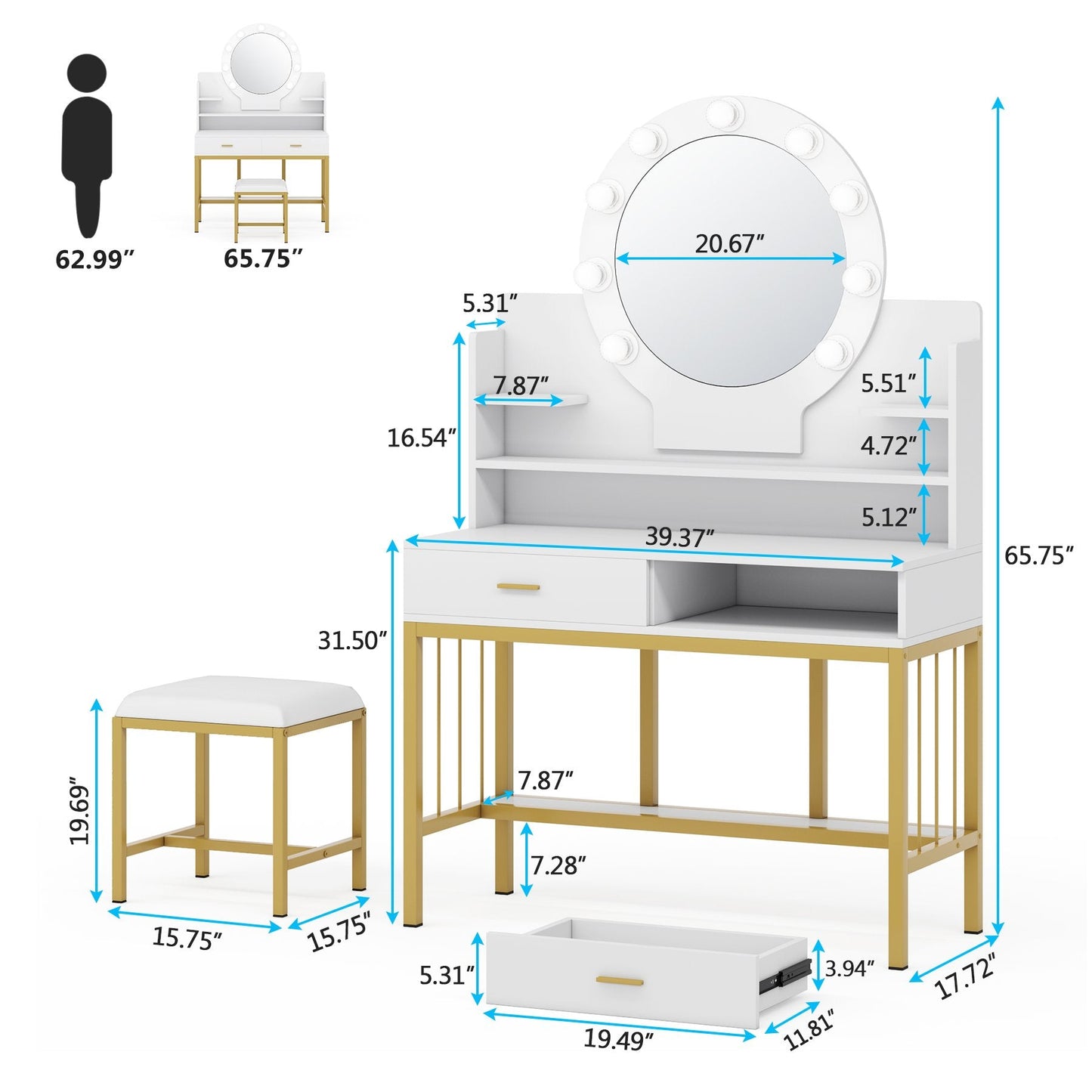Vanity Set with Lighted Mirror, Large Makeup Vanity Table Set with 9 LED Lights