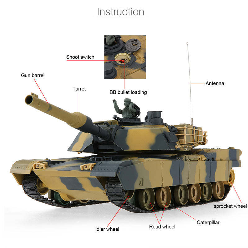 UK Heng Long Abrams 1/24 Army Military War Battle Tank Heavy Large Interactive Remote Control RC Toy UK
