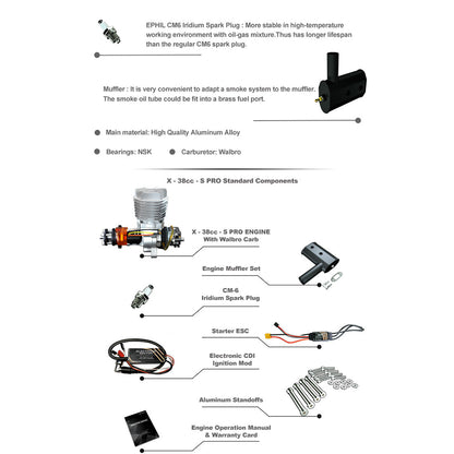 EPHIL X-38cc-S Pro Electric Startar Spark Plug Two-Stroke Single Cylinder Side Exhaust Gasoline Engine Model for Fixed-Wing Aircraft Models