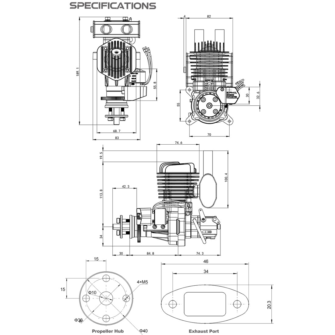 EPHIL XG-38cc-R Pro Electric Starter Glow Plug Two-Stroke Single Cylinder Side Exhaust Gasoline Engine Model for Fixed-Wing Aircraft Models