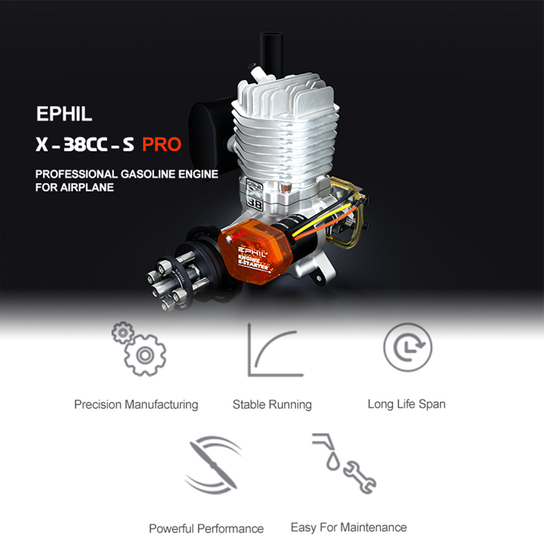 EPHIL X-38cc-S Pro Electric Startar Spark Plug Two-Stroke Single Cylinder Side Exhaust Gasoline Engine Model for Fixed-Wing Aircraft Models