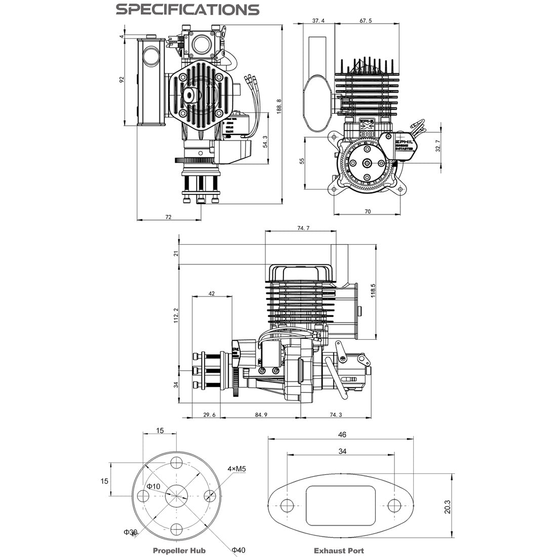 EPHIL X-38cc-S Pro Electric Startar Spark Plug Two-Stroke Single Cylinder Side Exhaust Gasoline Engine Model for Fixed-Wing Aircraft Models