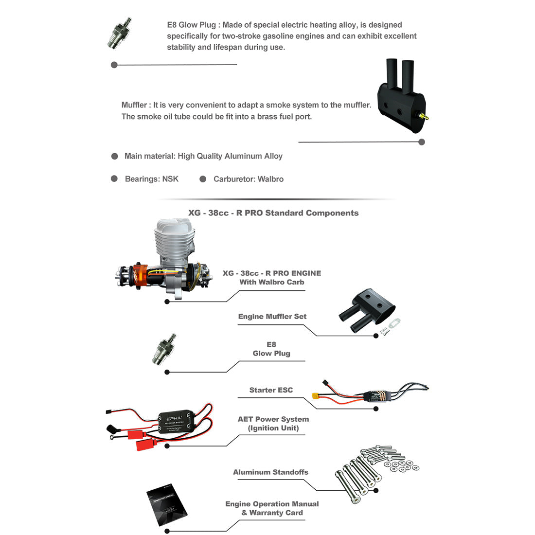 EPHIL XG-38cc-R Pro Electric Starter Glow Plug Two-Stroke Single Cylinder Side Exhaust Gasoline Engine Model for Fixed-Wing Aircraft Models