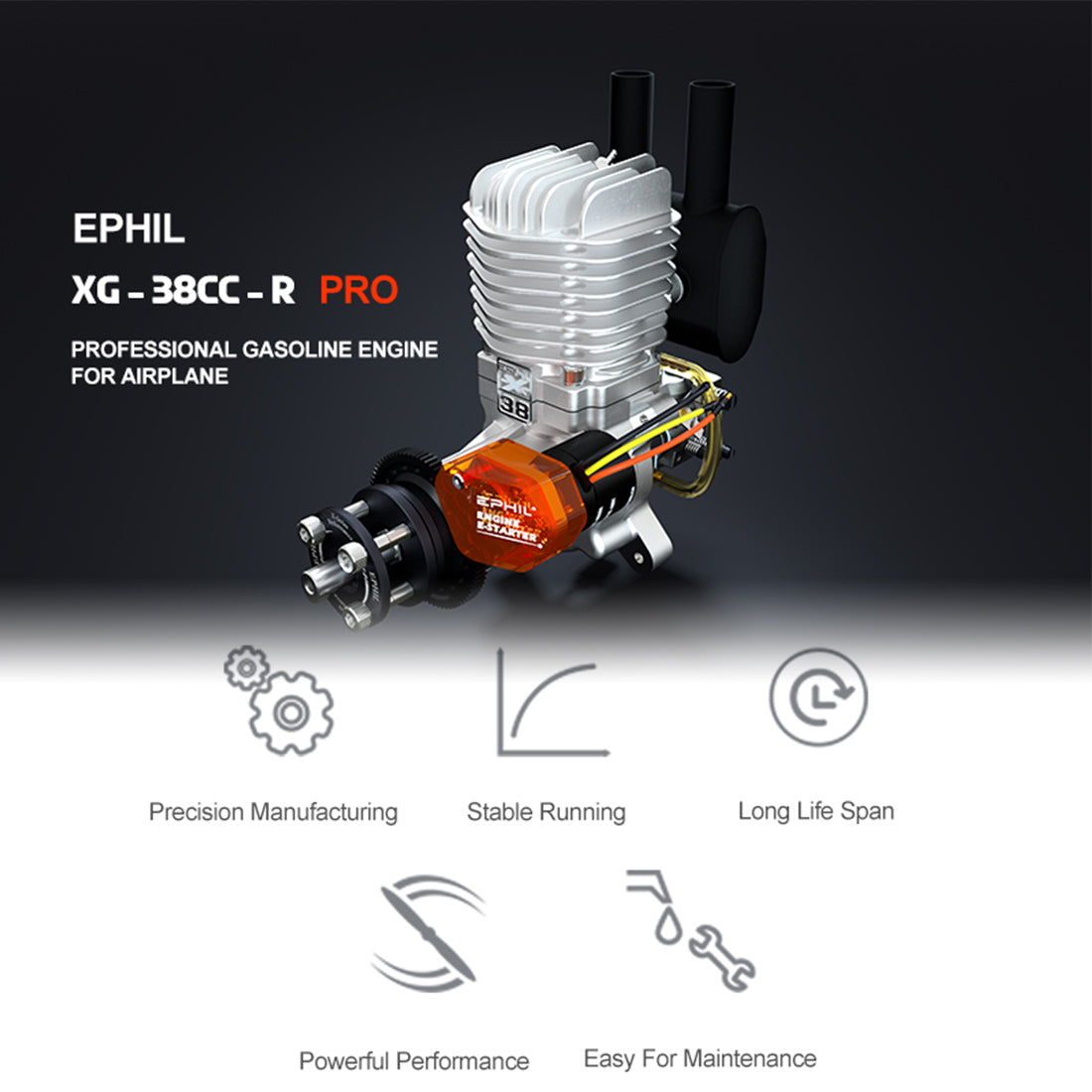 EPHIL XG-38cc-R Pro Electric Starter Glow Plug Two-Stroke Single Cylinder Side Exhaust Gasoline Engine Model for Fixed-Wing Aircraft Models