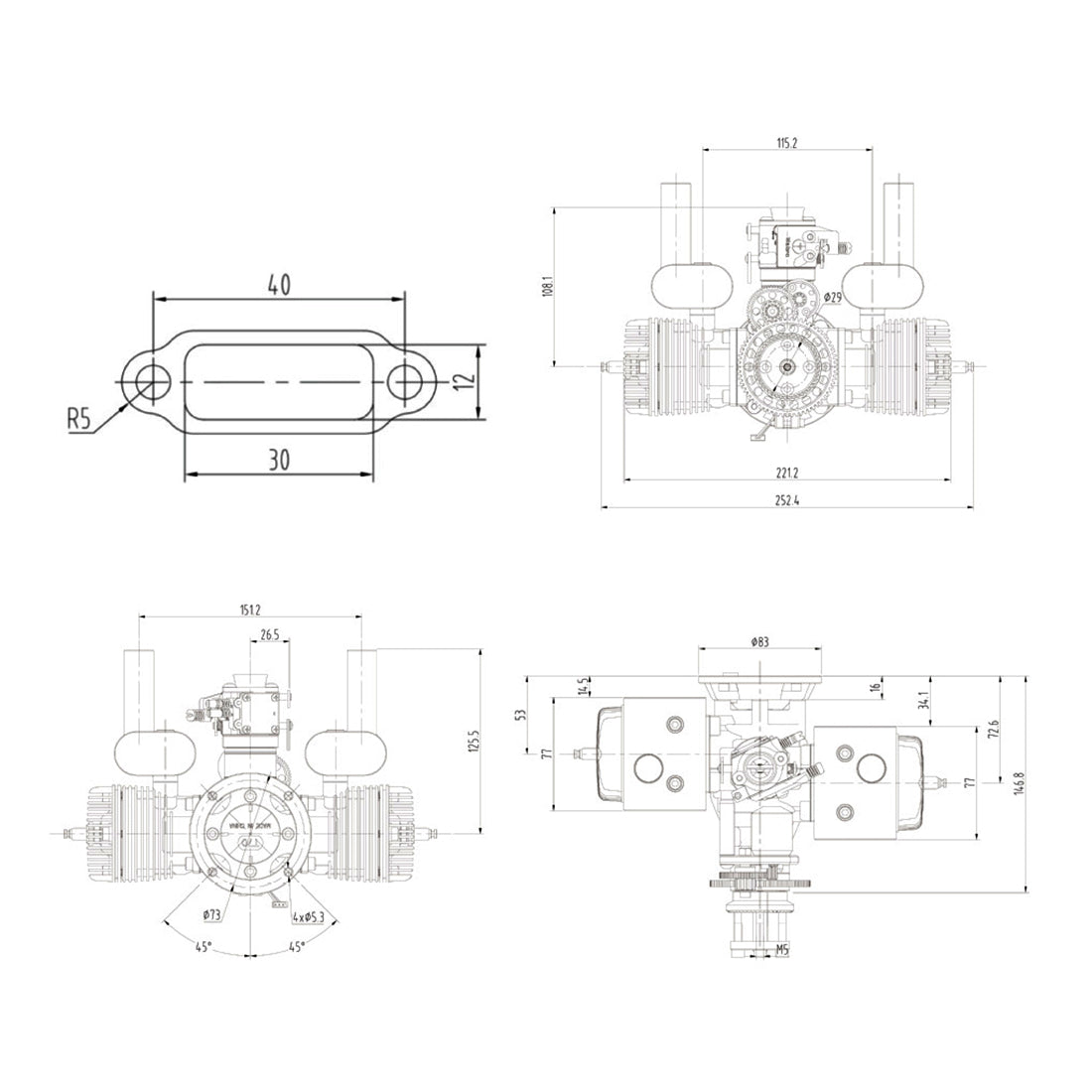 70cc Horizontally Opposed Twin-Cylinder Two-Stroke Air-Cooled Gasoline Engine Model with Electric Starter for Fixed-Wing RC Airplanes