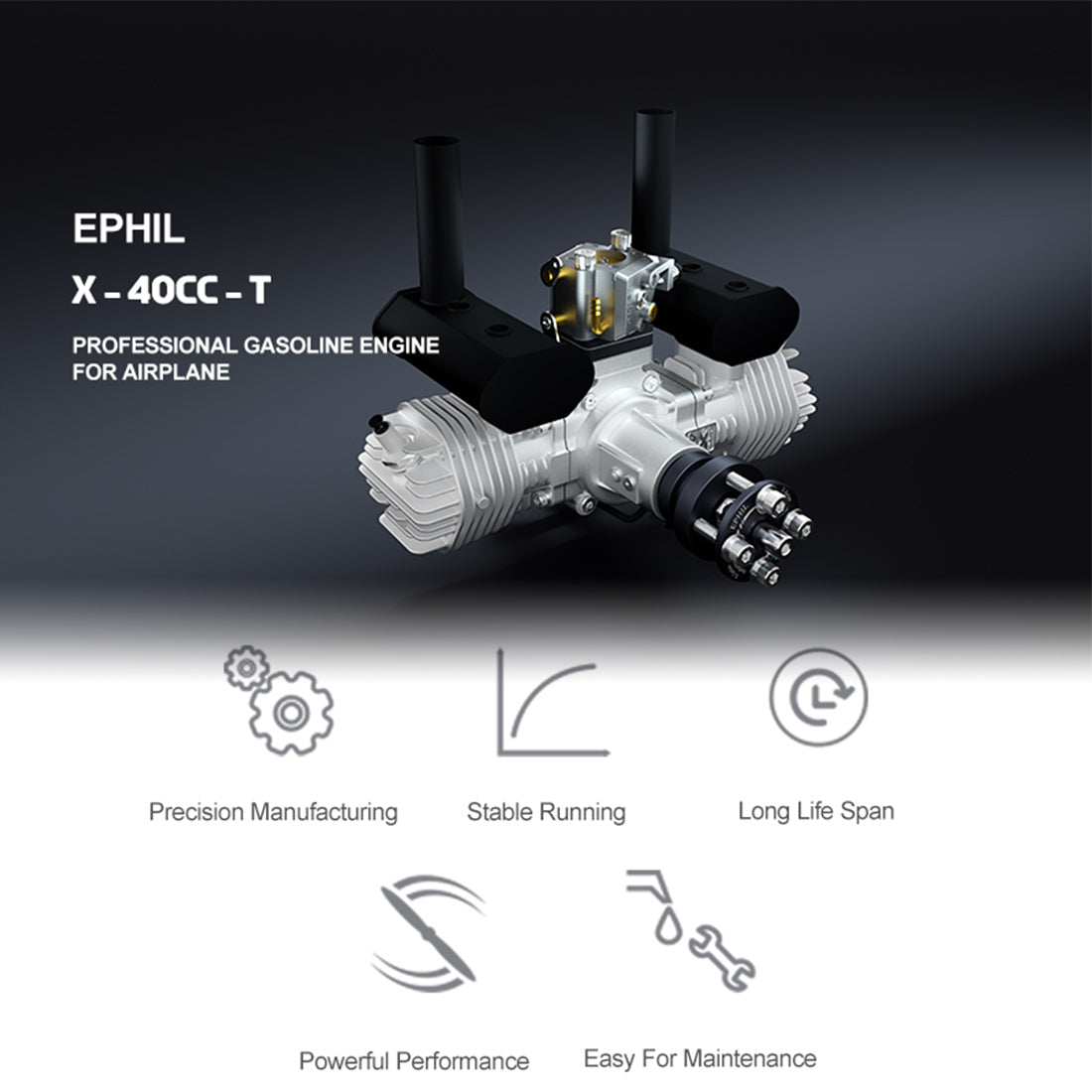 EPHIL XG-40cc-T Two-Stroke Twin-Cylinders Horizontally Opposed Gasoline Engine Model for Fixed-Wing Aircraft Models
