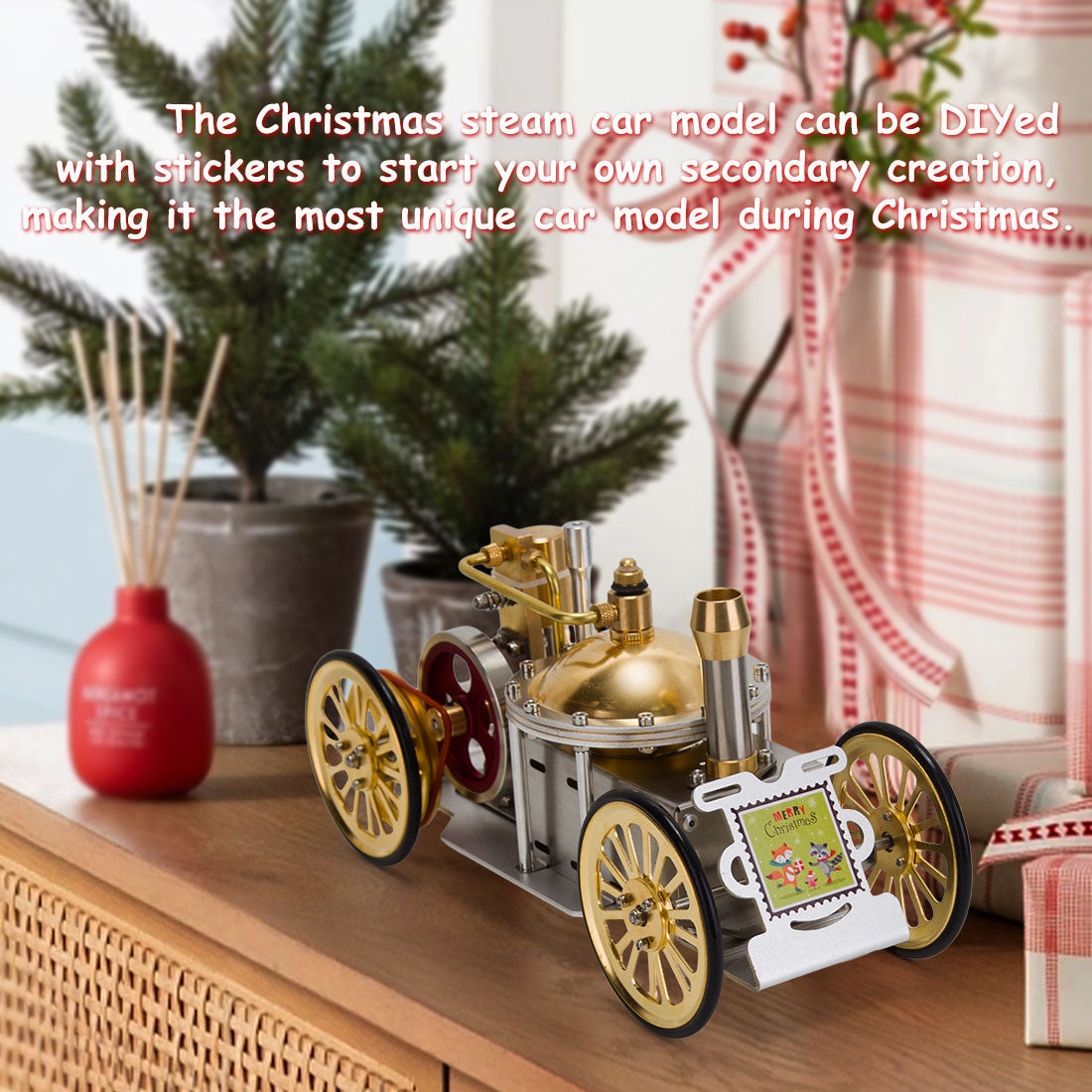 ENJOMOR Antique Metal Steam-Powered Car Model Retro Steam Engine Model Car STEM Toy Christmas Gift Collection