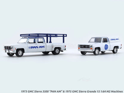 1973 GMC Sierra 3500 “PAN AM” & 1975 GMC Sierra Grande 15 1:64 M2 Machines diecast hauler scale model