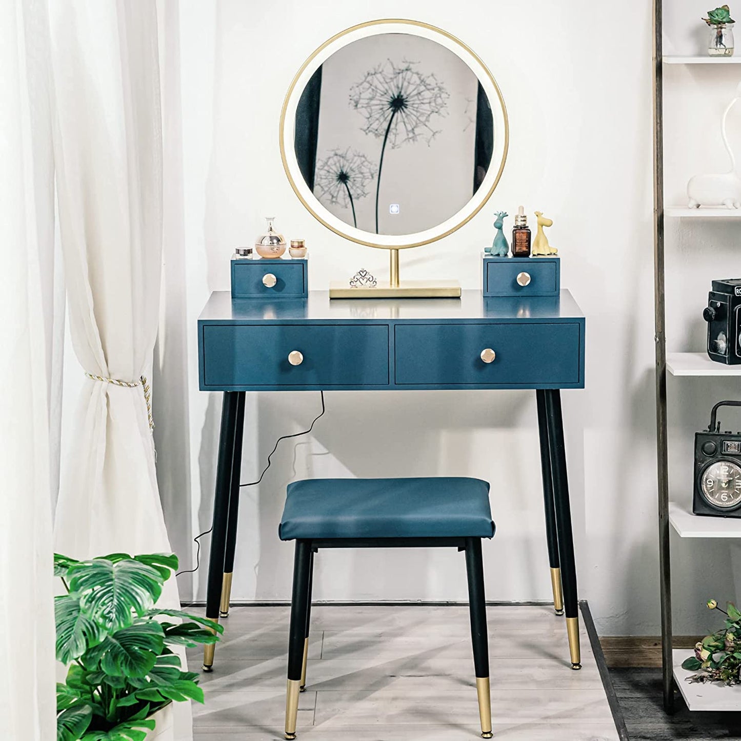 Modern Blue Dressing Table with 4 Drawer & Cushion Stool