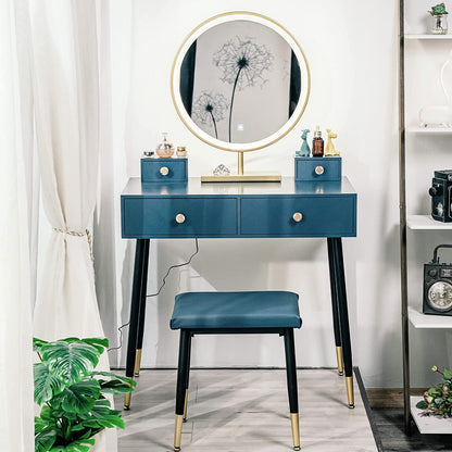 Modern Blue Dressing Table with 4 Drawer & Cushion Stool