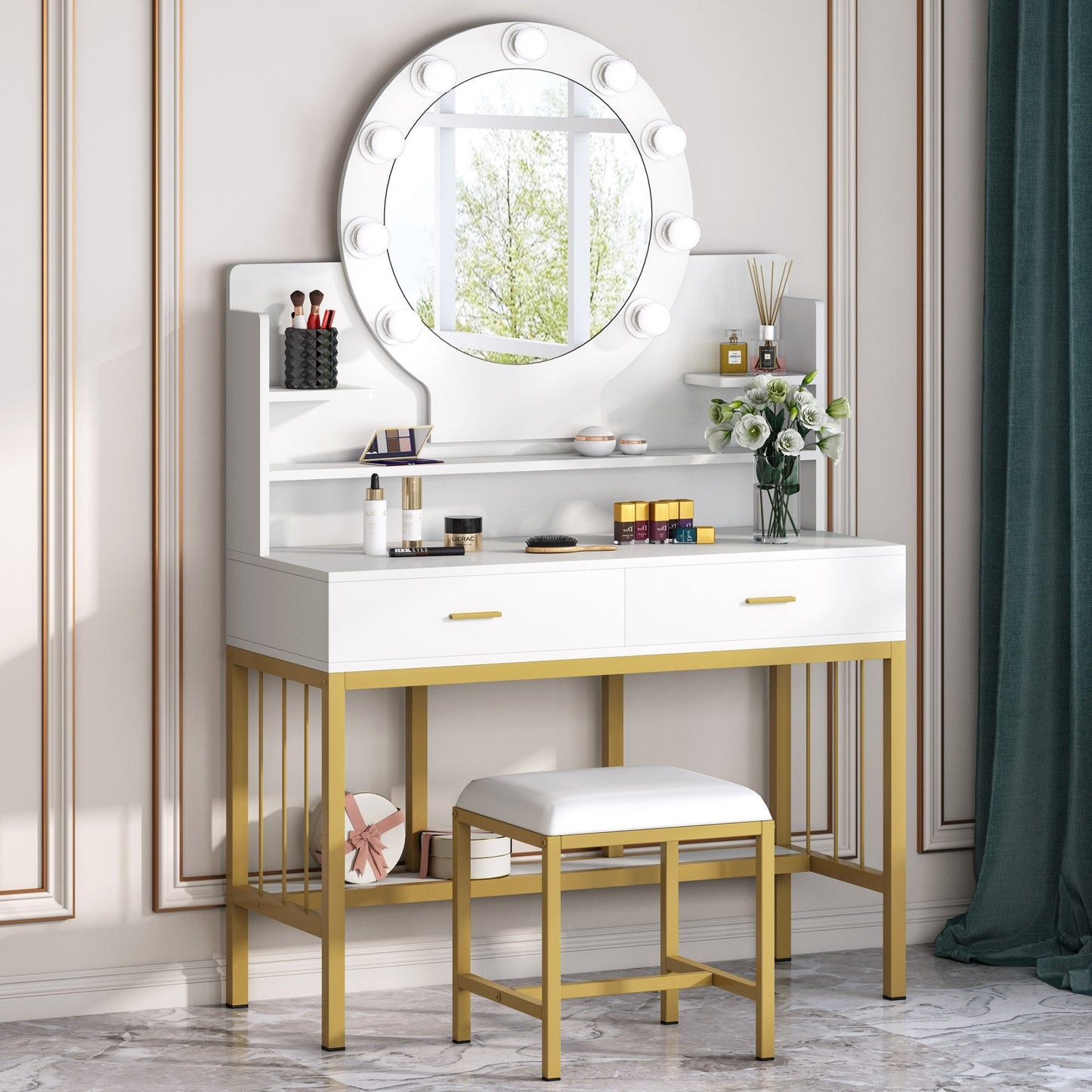 Vanity Set with Lighted Mirror, Large Makeup Vanity Table Set with 9 LED Lights