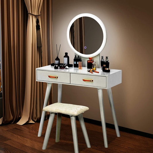 Round Mirror Dressing Table with Sliding Drawers & Cushioned Stool