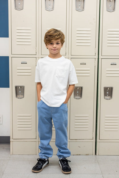 Kids Elastic Waist Denim Pants Soft Stretch Comfortable Everyday Jeans with Pockets Light Blue