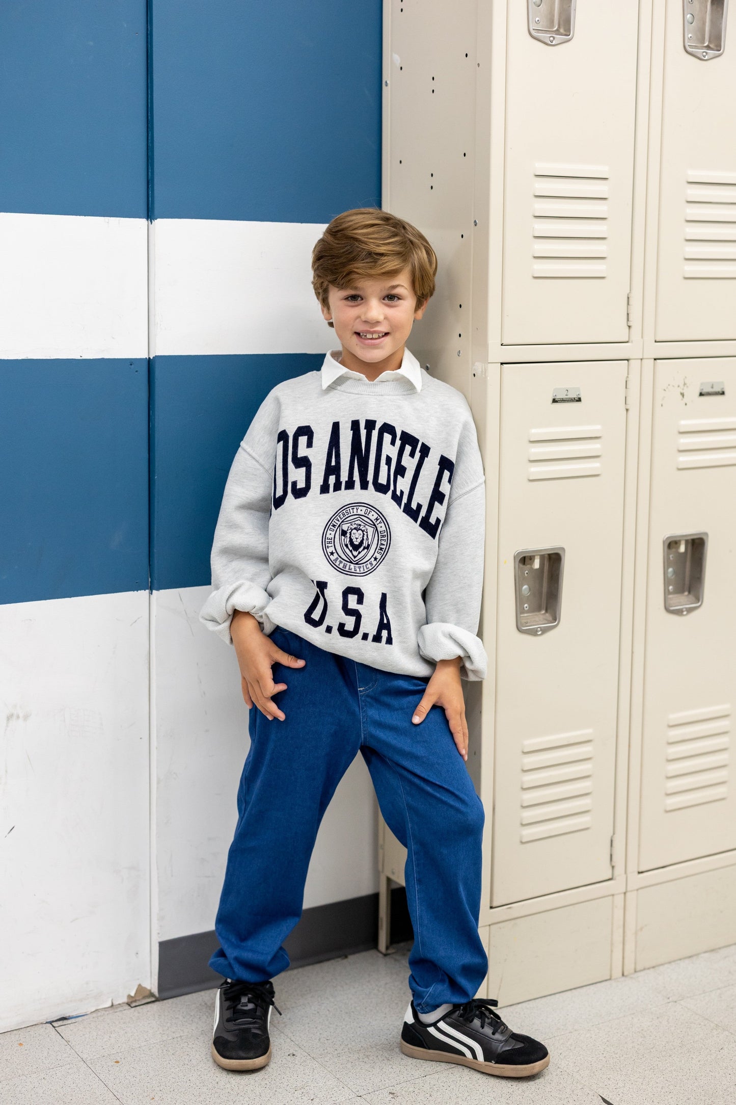 Kids Elastic Waist Denim Pants Soft Stretch Comfortable Everyday Jeans with Pockets Deep Blue