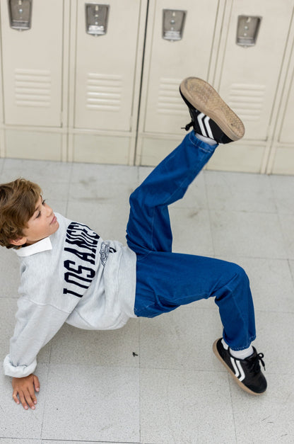 Kids Elastic Waist Denim Pants Soft Stretch Comfortable Everyday Jeans with Pockets Deep Blue