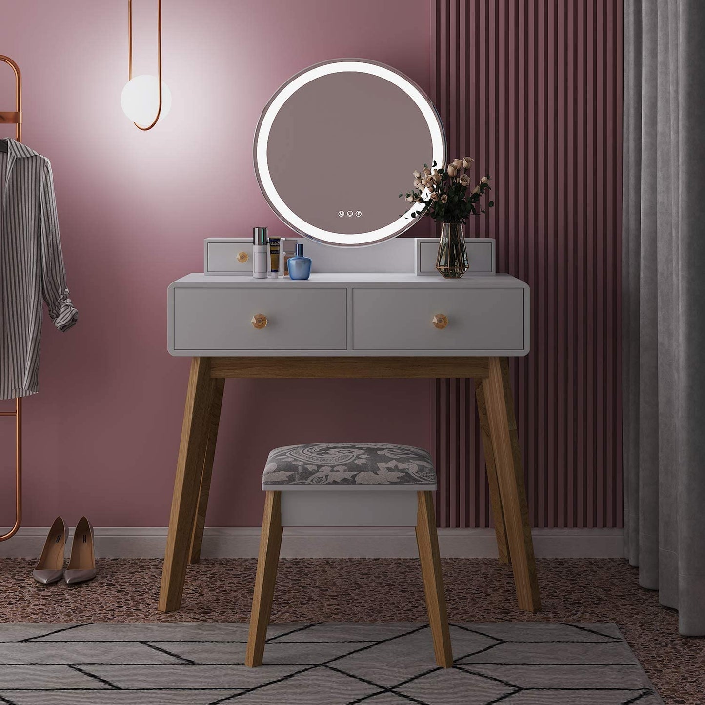 Round Mirror White Dressing Table