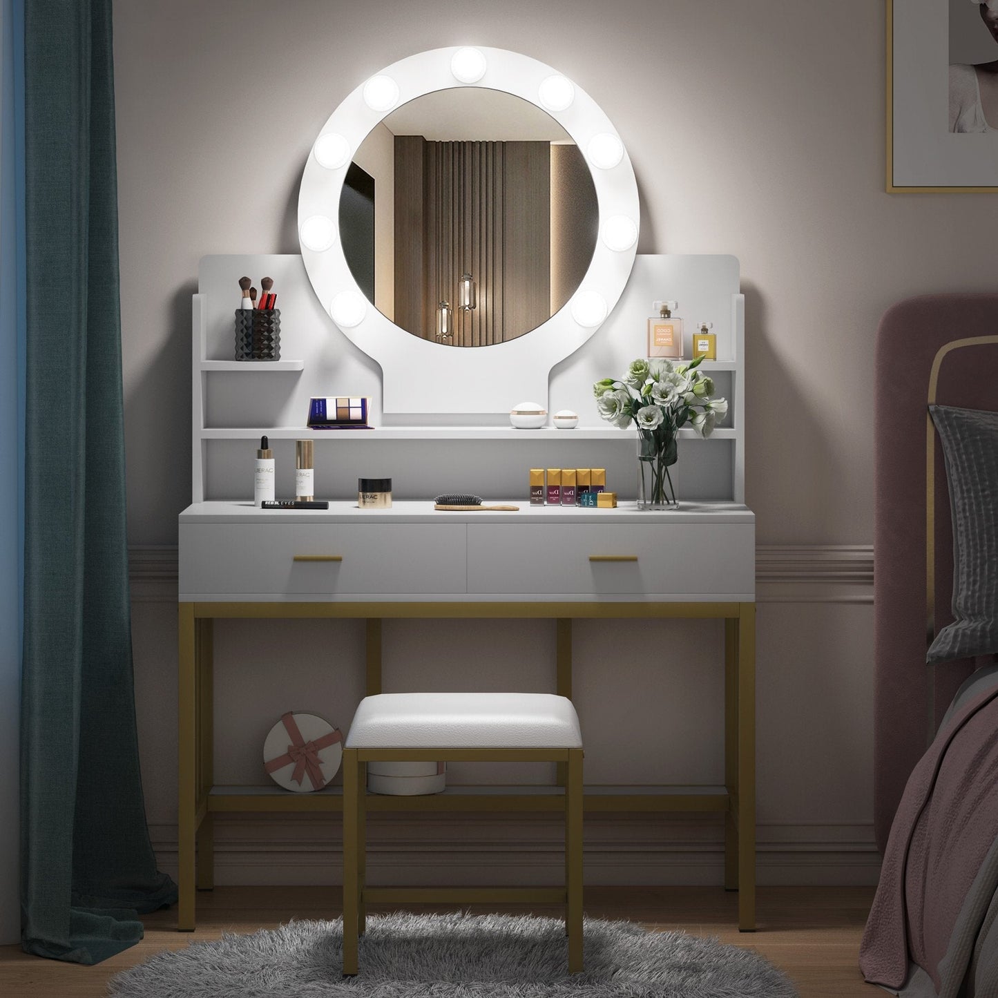 Vanity Set with Lighted Mirror, Large Makeup Vanity Table Set with 9 LED Lights