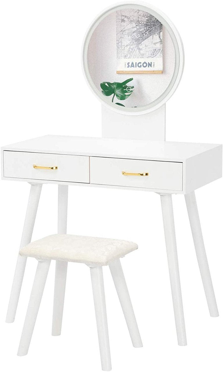 Round Mirror Dressing Table with Sliding Drawers & Cushioned Stool