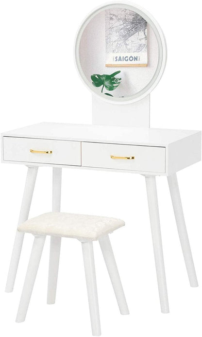Round Mirror Dressing Table with Sliding Drawers & Cushioned Stool