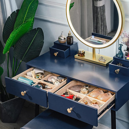 Modern Blue Dressing Table with 4 Drawer & Cushion Stool