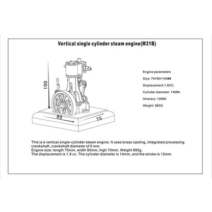 1.85CC Retro Vertical Single-cylinder Reciprocating Double-acting Model Steam Engine with 200ml Steam Boiler
