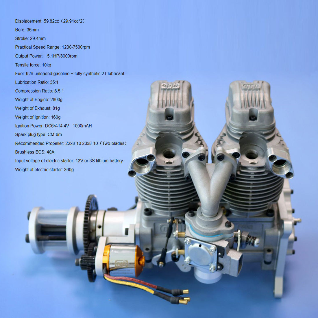 NGH GF60i2-E 60cc Inline Twin-Cylinder Four-Stroke Air-Cooled Gasoline Engine Model with Electric Starter for Fixed-Wing RC Airplanes