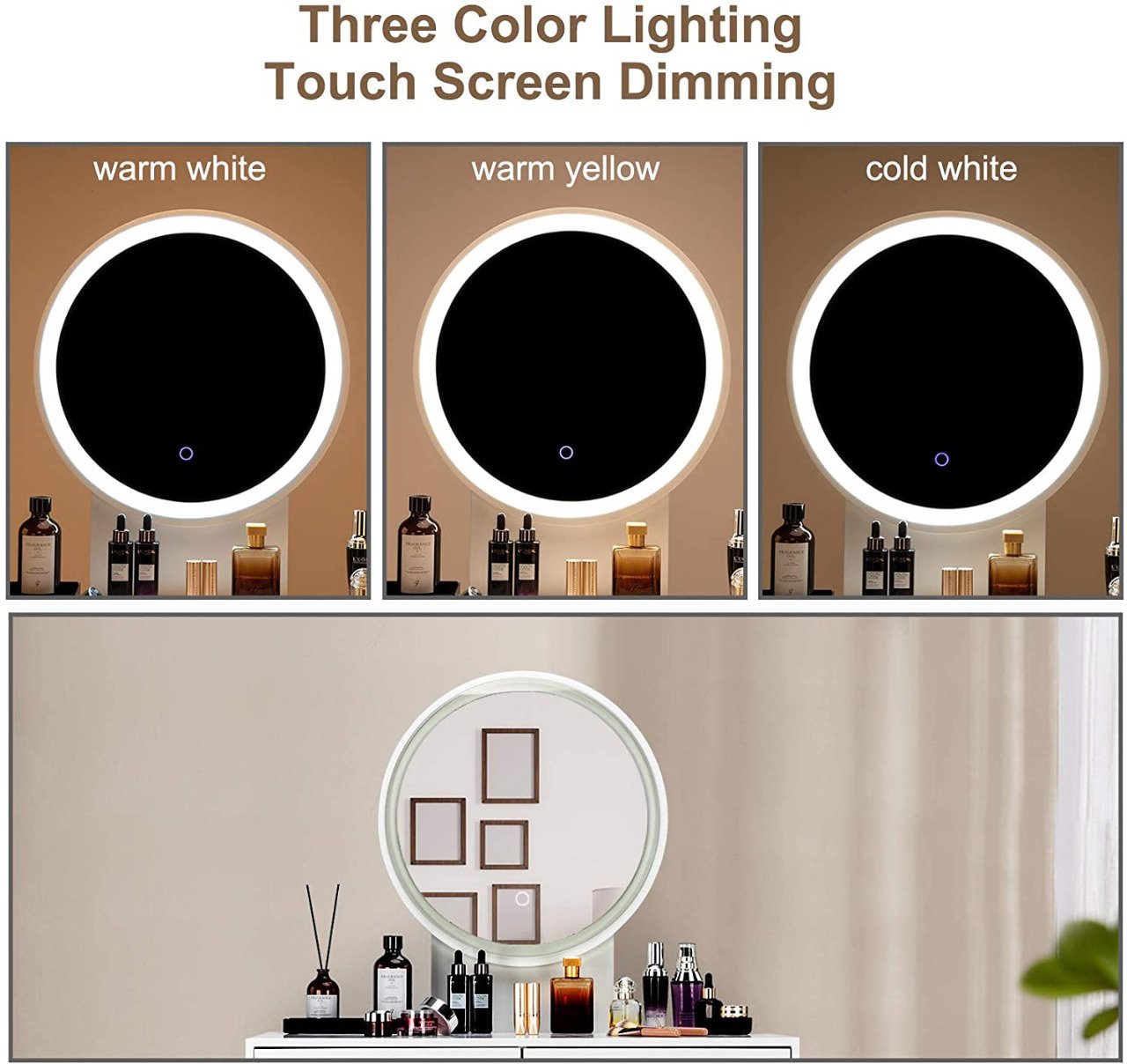 Round Mirror Dressing Table with Sliding Drawers & Cushioned Stool