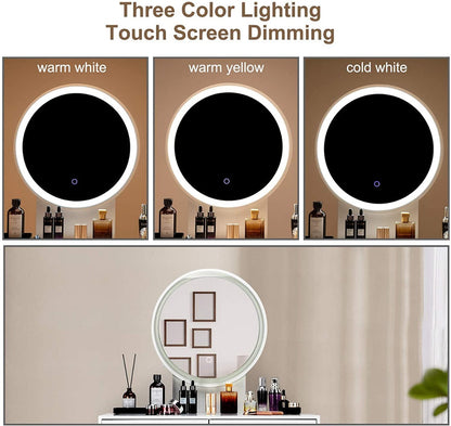 Round Mirror Dressing Table with Sliding Drawers & Cushioned Stool