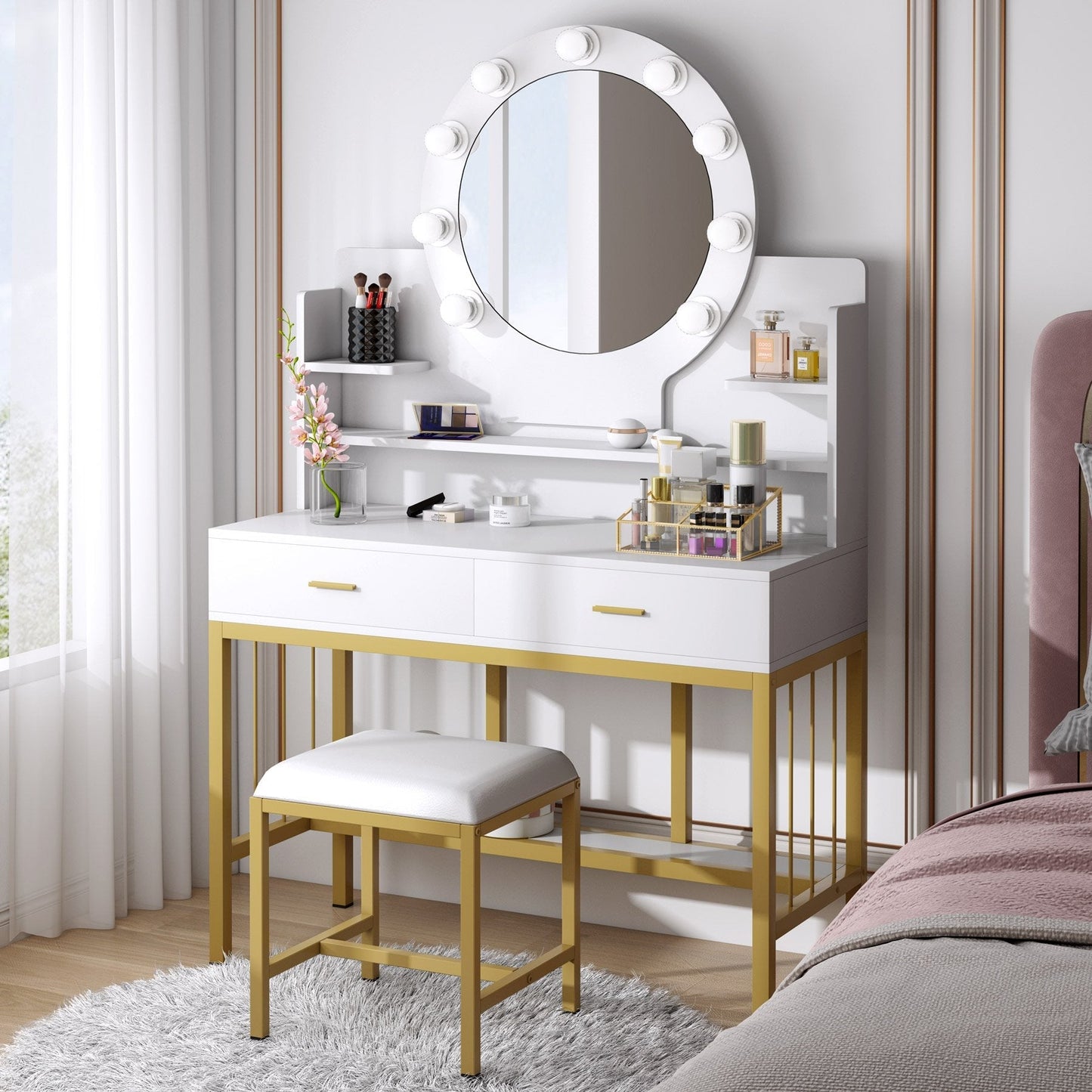 Vanity Set with Lighted Mirror, Large Makeup Vanity Table Set with 9 LED Lights