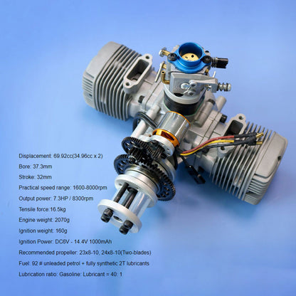 70cc Horizontally Opposed Twin-Cylinder Two-Stroke Air-Cooled Gasoline Engine Model with Electric Starter for Fixed-Wing RC Airplanes