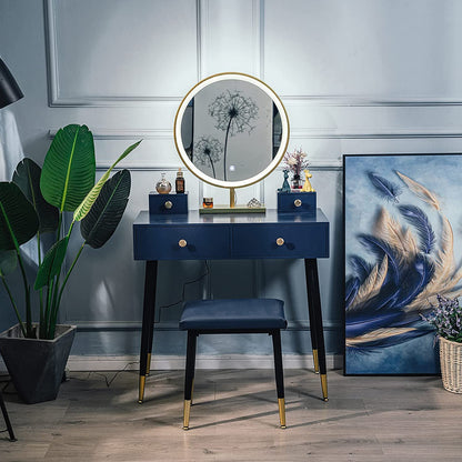 Modern Blue Dressing Table with 4 Drawer & Cushion Stool