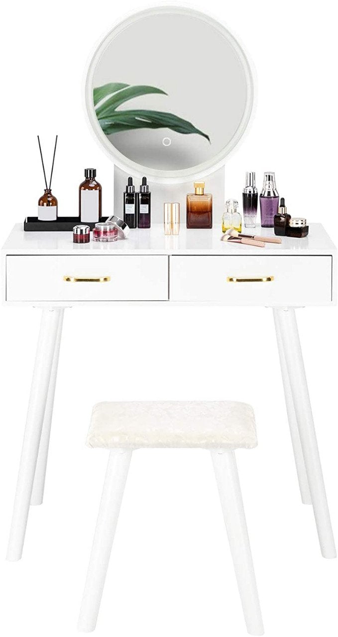 Round Mirror Dressing Table with Sliding Drawers & Cushioned Stool