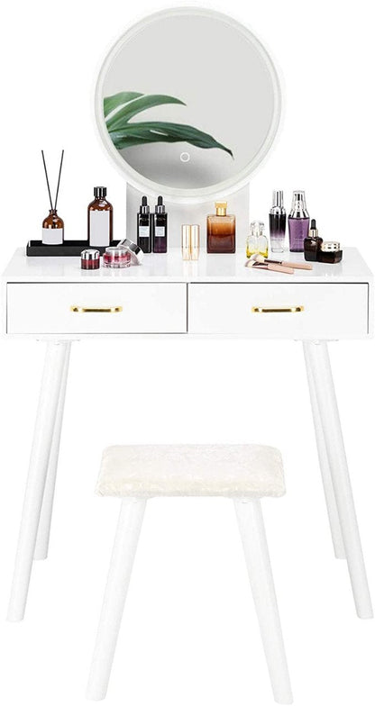 Round Mirror Dressing Table with Sliding Drawers & Cushioned Stool