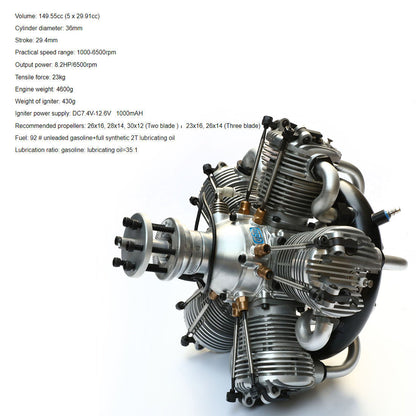 NGH GF150R5 150cc Radial Engine Five-cylinder Four-stroke Air-cooled Gasoline Engine Model for Fixed-Wing RC Airplanes