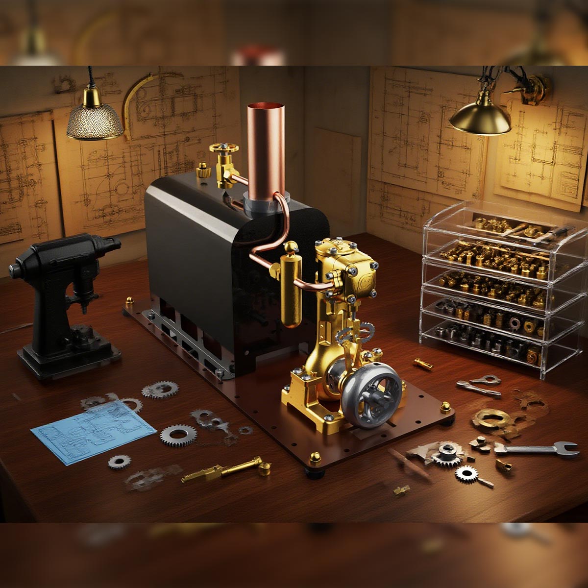 RW-BL1K Mini Reversible Reciprocating Single-Cylinder Live Steam Engine Kit with Boiler DIY Kit