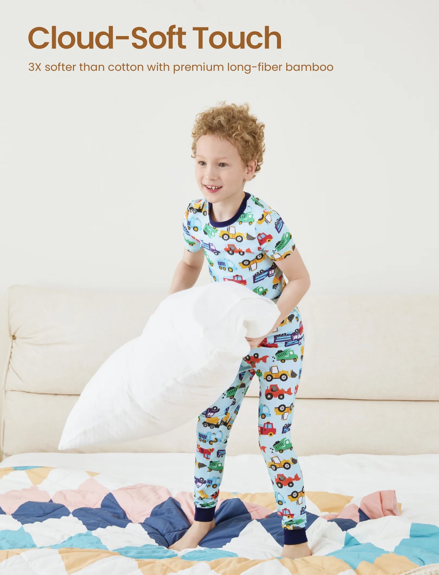 Toddler / Kids Christmas / Halloween Pajamas 3-Piece Bamboo Pajama Set 2-in-1 Look for 4 Seasons (Snug-Fitting) Light Blue
