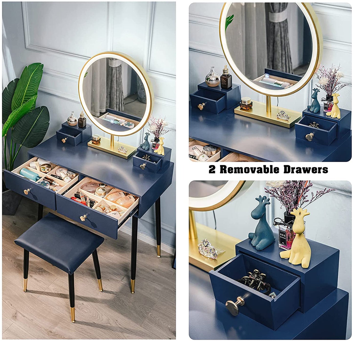 Modern Blue Dressing Table with 4 Drawer & Cushion Stool