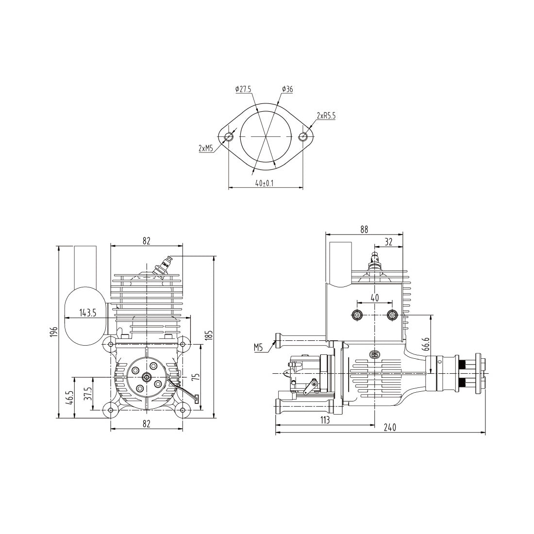 NGH GT65 65cc Single-Cylinder Two-Stroke Air-Cooled Gasoline Engine Model for Fixed-Wing RC Airplanes