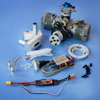 70cc Horizontally Opposed Twin-Cylinder Two-Stroke Air-Cooled Gasoline Engine Model with Electric Starter for Fixed-Wing RC Airplanes