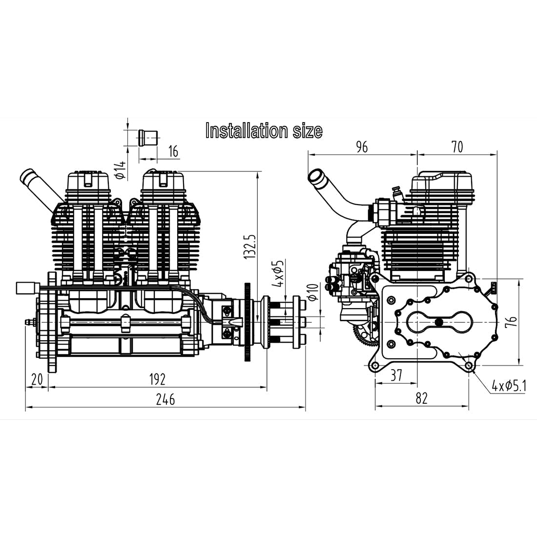 NGH GF60i2-E 60cc Inline Twin-Cylinder Four-Stroke Air-Cooled Gasoline Engine Model with Electric Starter for Fixed-Wing RC Airplanes
