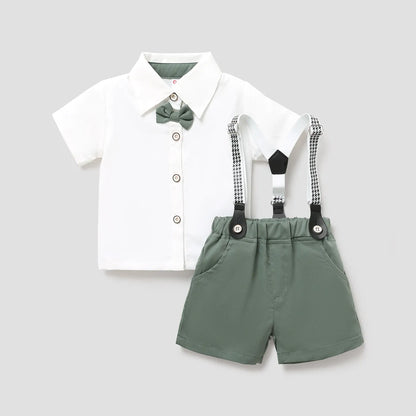 Baby Boy Party Gentle Bow Tie Shirt and Suspender Shorts Set White