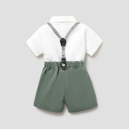 Baby Boy Party Gentle Bow Tie Shirt and Suspender Shorts Set White