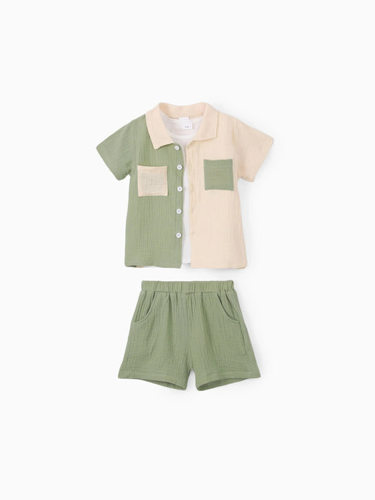 Toddler Boy 3pcs Textured Lapel Shirt and Solid Tee and Shorts Set Color block