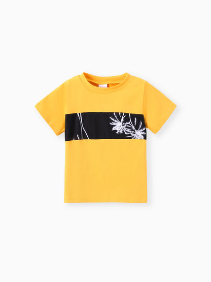 2pcs Toddler Trendy Boy Floral Tree Print Tee and Shorts Set Yellow