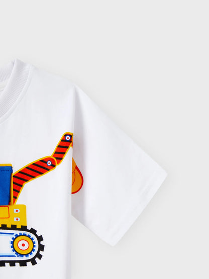 2pcs Toddler Boy Playful Denim Pocket Design Shorts and Vehicle Print Tee set White
