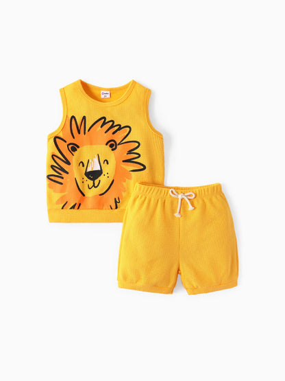 Toddler Boy 2pcs Dino Print Tank Top and Shorts Set Yellow