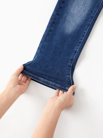 Solid Color Elastic Waist Soft Stretchy Comfortable Casual Jeans Cotton Bottoms with Pockets Deep Blue