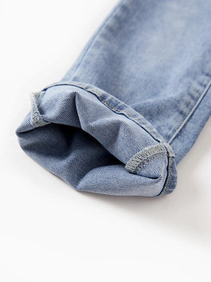 Solid Color Elastic Waist Soft Stretchy Comfortable Casual Jeans Cotton Bottoms with Pockets Light Blue