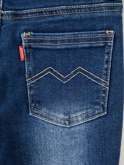 Solid Color Elastic Waist Soft Stretchy Comfortable Casual Jeans Cotton Bottoms with Pockets Deep Blue