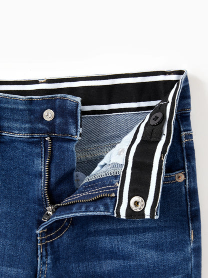 Solid Color Elastic Waist Soft Stretchy Comfortable Casual Jeans Cotton Bottoms with Pockets Deep Blue